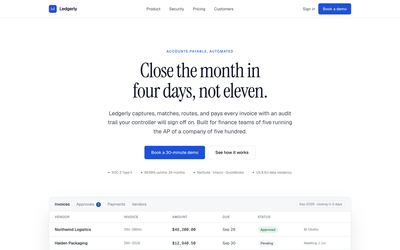 Ledgerly home page: serif headline, invoice table, SOC 2 line